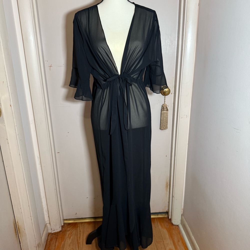 Sexy Black Sheer Long Bathing Suit Coverup - Size OSFM